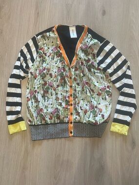Eva & Claudi floral and striped button-down silk and cotton cardigan Sz XL